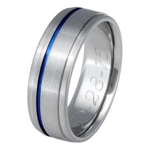 Thin Blue Line Titanium Promise Ring or Wedding Band with Dropped Shoulders - b7