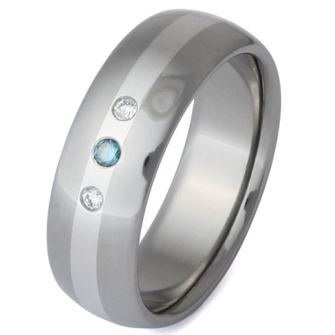 titanium blue and white diamond ring with platium inlay s3 Titanium Wedding and Engagement Rings