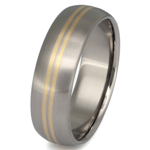 titanium wedding ring with two narrow 18k gold inlays g1 Titanium Wedding and Engagement Rings