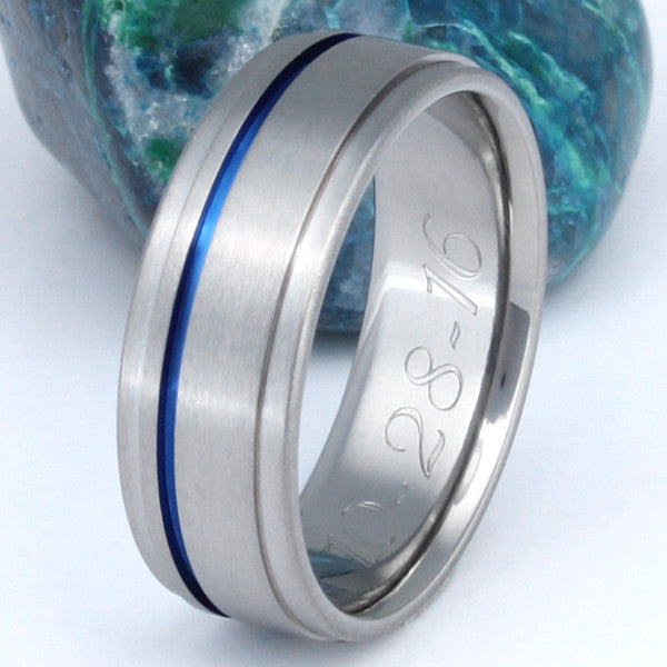 Thin Blue Line Titanium Promise Ring or Wedding Band with Dropped Shoulders - b7