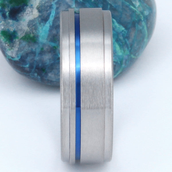 Thin Blue Line Titanium Promise Ring or Wedding Band with Dropped Shoulders - b7