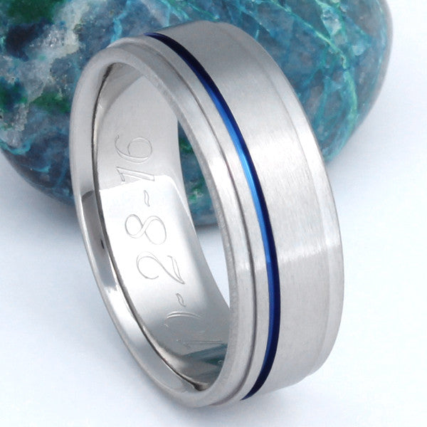 Thin Blue Line Titanium Promise Ring or Wedding Band with Dropped Shoulders - b7