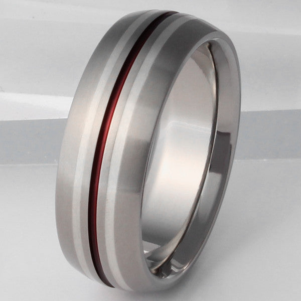 Silver Titanium Ring with Red Stripes - sv4Red