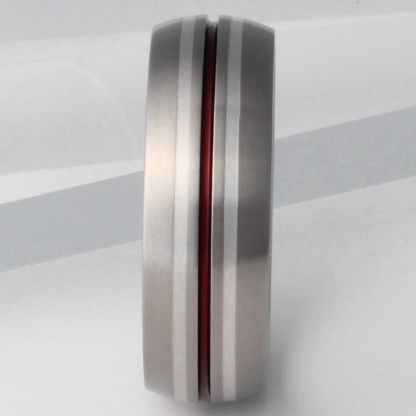 Silver Titanium Ring with Red Stripes - sv4Red
