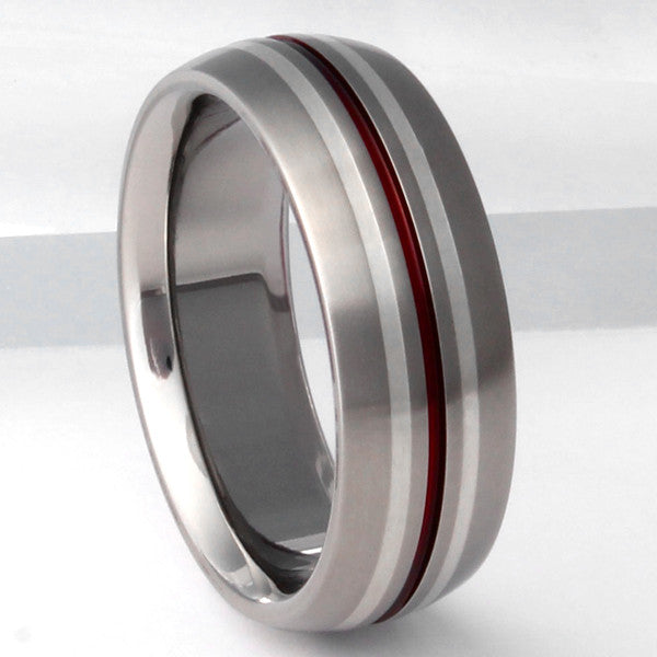 Silver Titanium Ring with Red Stripes - sv4Red