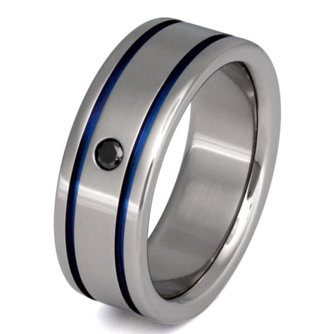 black diamond wedding ring with blue inlays bd10 Titanium Wedding and Engagement Rings
