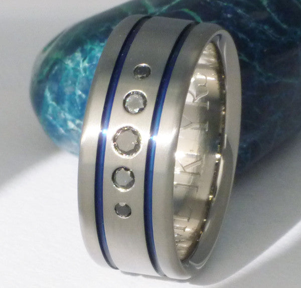 black diamond wedding ring with blue inlays bd16 Titanium Wedding and Engagement Rings