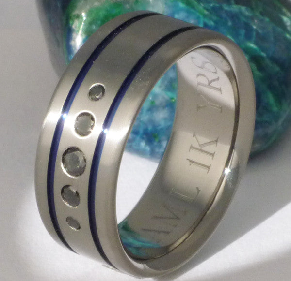 black diamond wedding ring with blue inlays bd16 Titanium Wedding and Engagement Rings