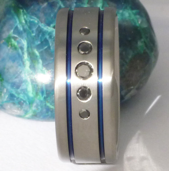 black diamond wedding ring with blue inlays bd16 Titanium Wedding and Engagement Rings