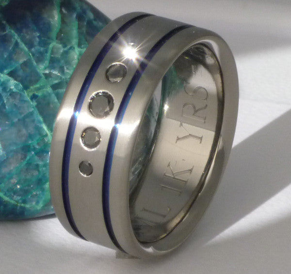black diamond wedding ring with blue inlays bd16 Titanium Wedding and Engagement Rings