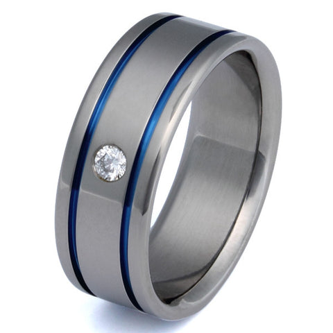 titanium diamond ring with blue inlays s2 Titanium Wedding and Engagement Rings