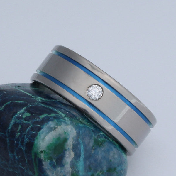 titanium diamond ring with blue inlays s2 Titanium Wedding and Engagement Rings
