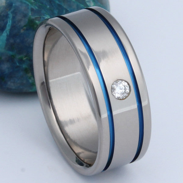 titanium diamond ring with blue inlays s2 Titanium Wedding and Engagement Rings