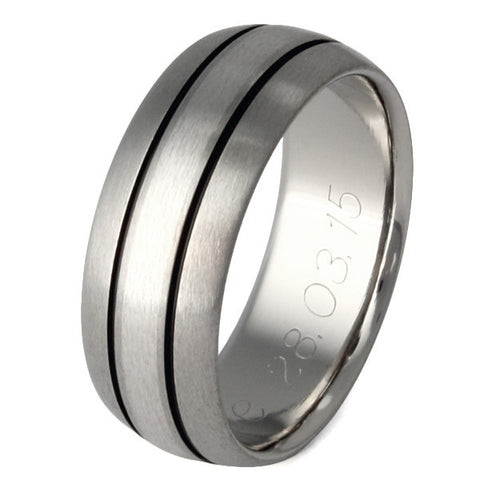 titanium wedding ring with platinum inlay and black channels p13 Titanium Wedding and Engagement Rings
