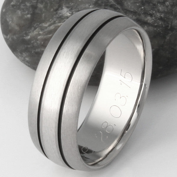 titanium wedding ring with platinum inlay and black channels p13 Titanium Wedding and Engagement Rings