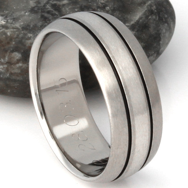 titanium wedding ring with platinum inlay and black channels p13 Titanium Wedding and Engagement Rings