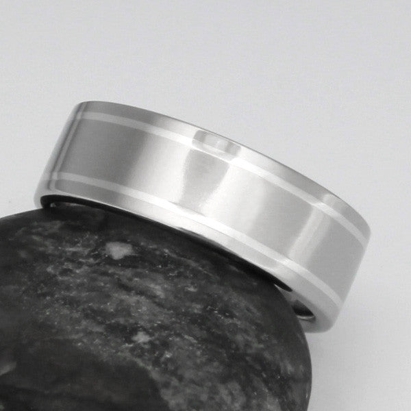 titanium wedding ring with platinum inlays p8 Titanium Wedding and Engagement Rings