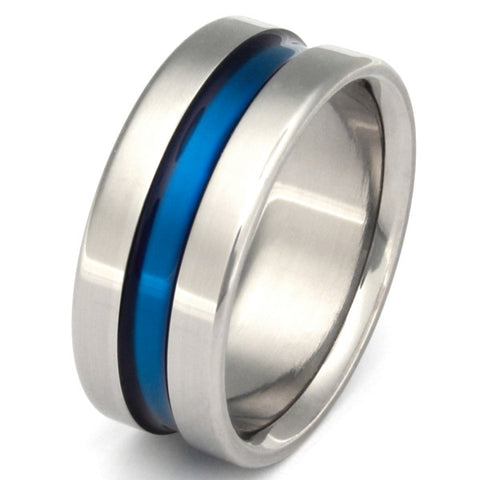 wide blue line titanium ring Titanium Wedding and Engagement Rings
